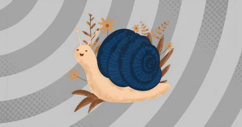 Upon placement snail nodding and bobbing with orange flowers behind blue shell Stock Footage 315525986