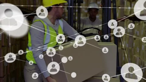 Upon placing box worker loading onto forklift in warehouse, network nodes Stock Footage 329812960