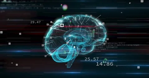 Upon playback cyan brain rotating, extending pins and updating readouts, Stock Footage 328348576