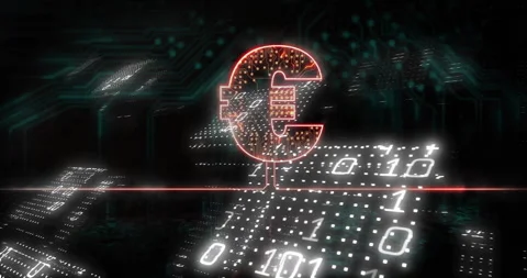 Upon playback start glowing Euro circuit symbol flickering binary code moving Stock Footage 310429408