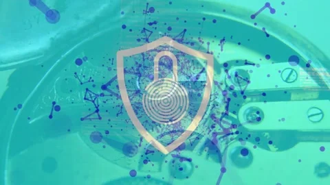 Upon purple dots emerging, nodes forming mesh around shield icon highlighting Stock Footage 317264974