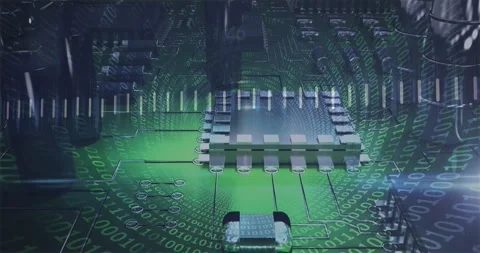 Upon receiving data stream microchip emitting binary swirl pulsing signal bars Stock Footage 320287129
