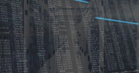 Upon receiving error logs, 3D server racks showing data overlay with scan line Stock Footage 317119201