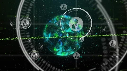 Upon rotating globe HUD targeting suit icon fading rings sweeping, icons Stock Footage 317117250