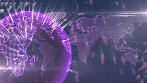 Upon rotation purple dotted globe spinning, pulsing beams, ring overlay showing Stock Footage 310317491