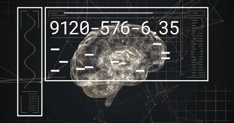 Upon scan start hologram brain model updating numeric codes per second showing Stock Footage 320089176
