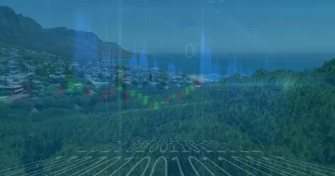 Upon scene load overlay streaming binary code and bar and waveform charts Video stock 310326264