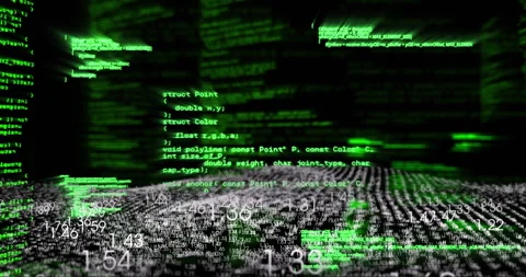 Upon script start green code scrolling across grid, numbers drifting and Stock Footage 312655517