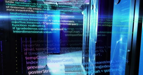 Upon server corridor reveal, code scrolling showing activity then slowing and Stock Footage 311508250