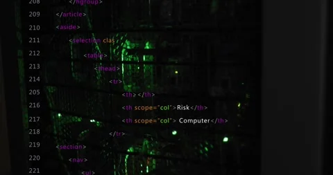 Upon server rack glowing green, HTML table head appearing and building Stock Footage 319783693