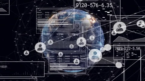 Upon sliding panels over 3D rotating globe, user icons emerging, connecting to Stock Footage 311085522