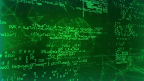Upon snippet appearing, green code scrolling while wireframe globe rotating Stock Footage 311901798