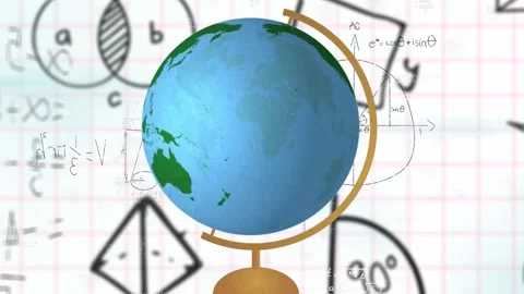 Upon start 3D globe rotating on golden ring wooden stand showing geography Vídeos de archivo 317799601