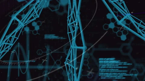 Upon start, blue 3D wireframe rotating, code scrolling and sine waves pulsing, Stock Footage 315535742