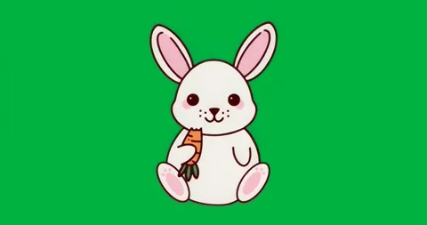 Upon start cartoon white rabbit holding orange carrot on transparent backdrop Stock Footage 317284889