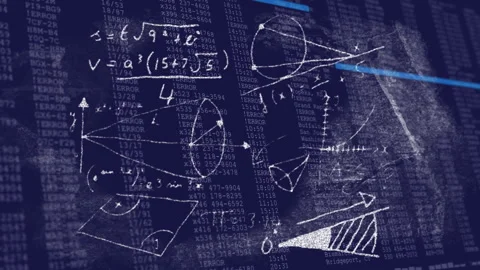 Upon start code fading and scan line highlighting chalk formulas visualizing Stock Footage 315535424