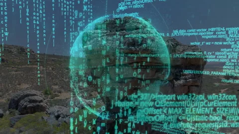 Upon start holographic globe forming rotating while pulsing code drifting Stock Footage 311901765