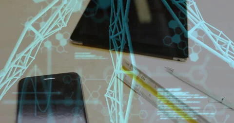 Upon start, holographic wireframe pulsing and scrolling code above desk tools Stock Footage 311586909