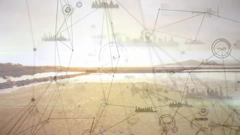Upon start network overlay fading in at sunset over lakeshore connecting nodes Stock Footage 313093785