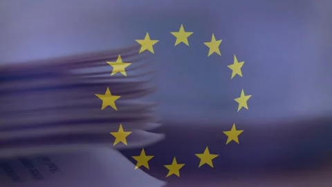 Upon start paper stack sliding from left beneath EU emblem, revealing pages for Stock Footage 317116312
