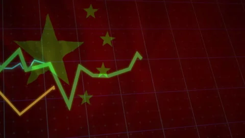Upon start red gradient with China flag, green graph emerging, oscillating, Stock-Footage 313308235