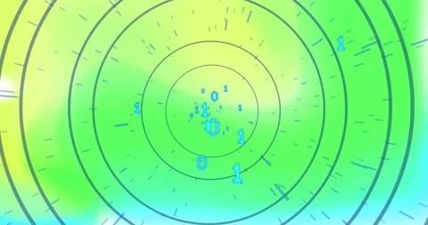 Upon start rings, ticks spinning over green-blue gradient, binary digits flowing Stock Footage 317155648