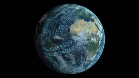 Upon start, rotating Earth showing shifting grid and streaming numerals, mapping Stock Footage 310141198