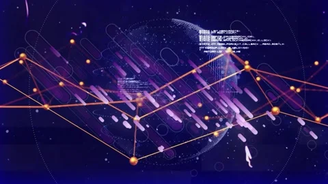 Upon start rotating globe forming node network and flowing purple streaks Stock Footage 320288145