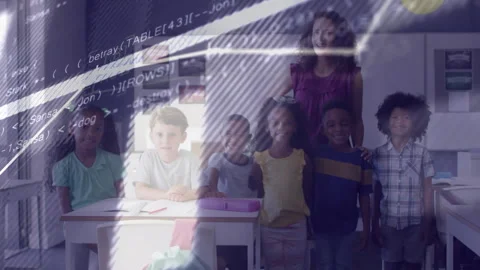 Upon start, teacher guiding students with code scrolling and graph rising Stock Footage 316190602