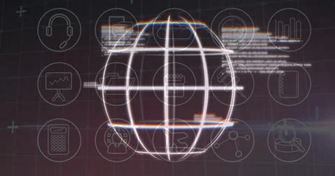 Upon start, wireframe globe forming, icons pulsing, scrolling code glitching, Video stock 310140122