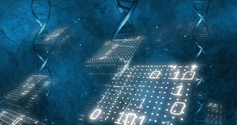 Upon starting central DNA helix twisting as panels drifting displaying binary Stock Footage 330476100