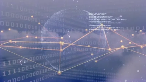 Upon starting, dotted wireframe globe rotating left while golden nodes shifting, Stock Footage 319682510