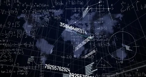 Upon starting dotted world map floating numeric strings updating over dark grid Stock Footage 326752686
