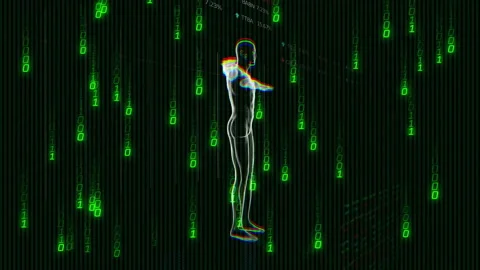 Upon starting humanoid rotating, panels materializing, fading into code rain Stock Footage 309808119