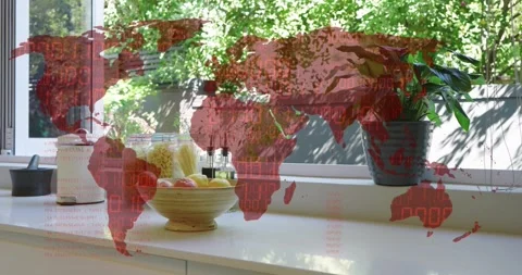 Upon starting red world map and binary code overlaying counter displaying tech Stock Footage 320416245