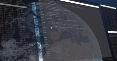 Upon startup 3D Earth globe rotating slowly while console panels sliding in for Stock Footage 314744623