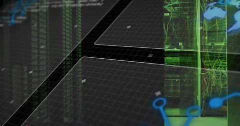 Upon startup 3D grid planes pulsing code animating blue node network mapping Stock Footage 309681567