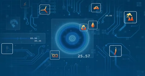 Upon startup central interface rotating, updating metrics with energy icons Stock Footage 317799719