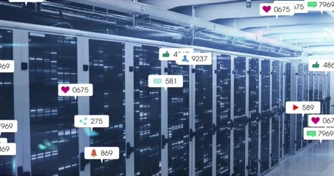 Upon startup floating metric icons updating on server rack visualizing analytics Stock Footage 319782781