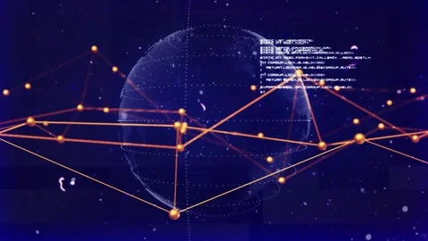 Upon startup globe rotating network lines shifting and code blocks scrolling Stock Footage 317119251