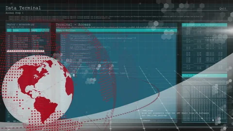 Upon startup globe rotating triggers terminal sliding in with code scrolling and Stock Footage 309873159