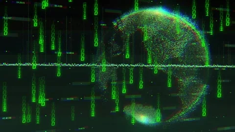 Upon startup launching binary code cascading, dotted globe emerging rotating for Stock Footage 317227201