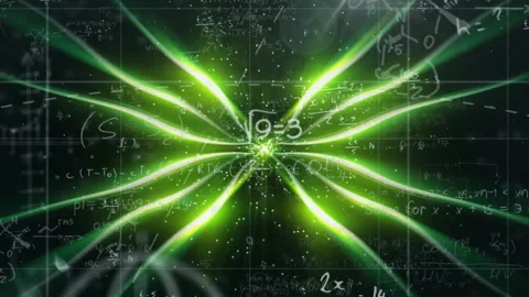 Upon startup neon beams converging at node pulsing equations symbols animating Stock Footage 311663709