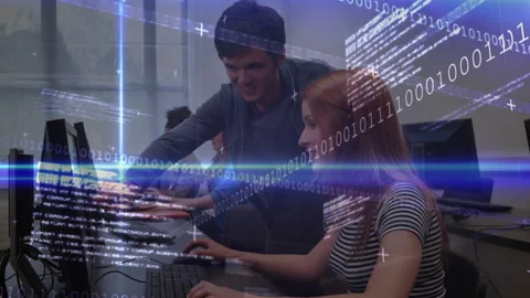 Upon student pausing code, instructor guiding corrections in lab, binary streams Video stock 316185749