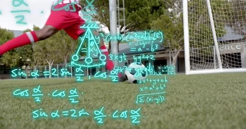 Upon teal math overlay peak man running toward soccer ball calculating angle for Video stock 317592073