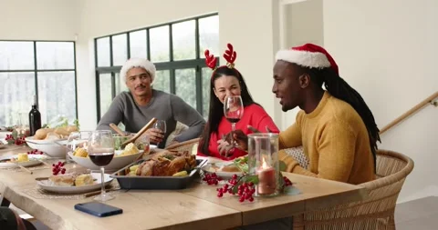 Upon toast proposal, Diverse friends clinking wine glasses, laughing around Video stock 344316843