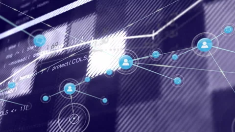 Upon user icon emerging, white lines extending to nodes and visualizing network Stock Footage 314473433