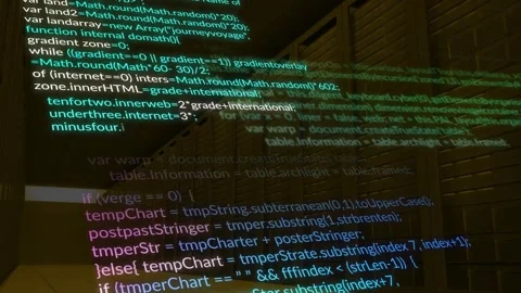 Upon vaulted hall view, translucent JavaScript code projection scrolling while Stock Footage 329124167