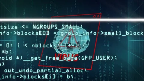 Upon virus detection sphere in red alert frame glitching breaking code scrolling Stock Footage 334351844