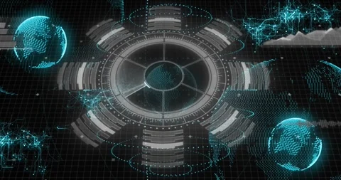 Upon wedge lighting interface rotating globes pulsing nodes flickering Stock Footage 318260634